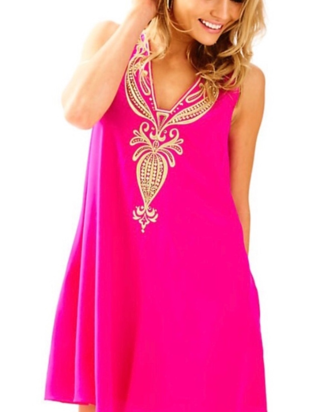 Lilly Pulitzer Owen Dress XL Piñata Pink Gold Beaded Embroidered Swing Dress